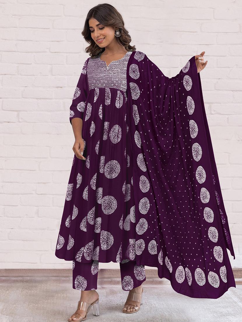 women printed three quarter sleeve anarkali kurta pant with dupatta set - 21997137 -  Zoom Image - 0