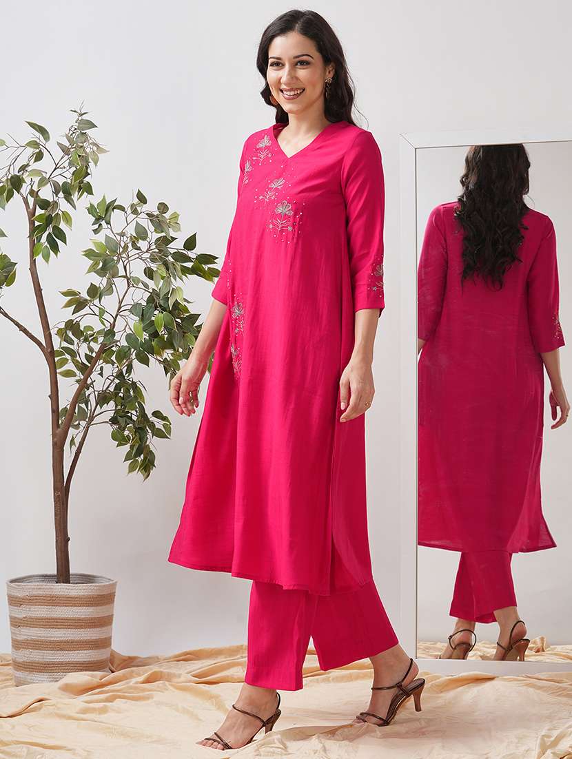 women solid with work three quarter sleeve kurta pant set - 21997215 -  Standard Image - 3