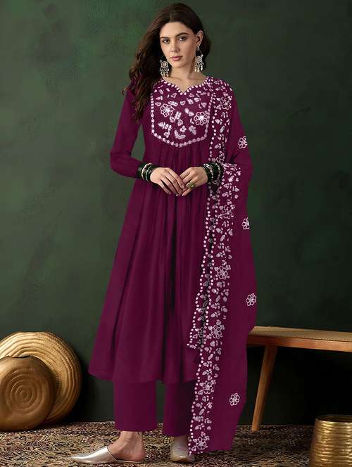 women solid with work long sleeve kurta pant with dupatta set - 21997228 -  Standard Image - 0