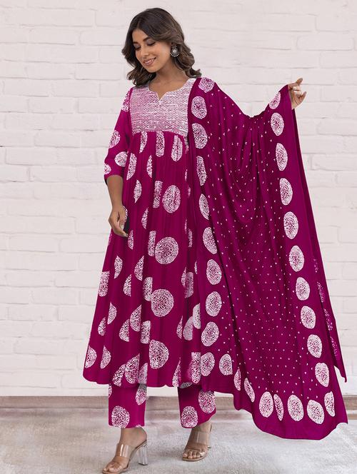 women printed three quarter sleeve anarkali kurta pant with dupatta set - 21997229 -  Standard Image - 0