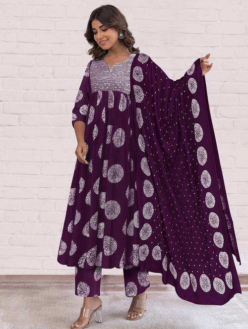 women printed three quarter sleeve anarkali kurta pant with dupatta set - 21997230 -  Standard Image - 0
