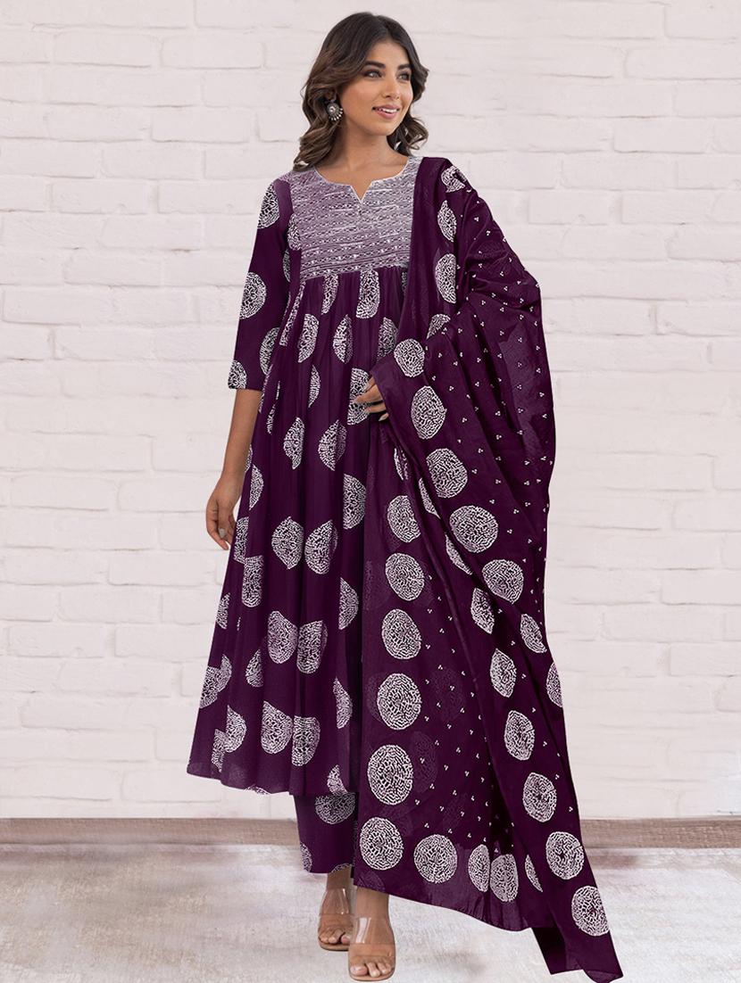 women printed three quarter sleeve anarkali kurta pant with dupatta set - 21997230 - Standard Image - 3