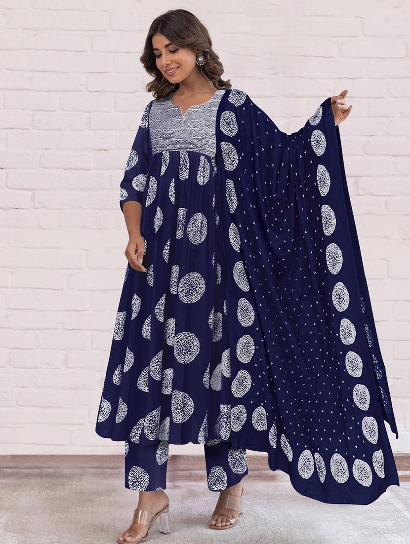 women printed three quarter sleeve anarkali kurta pant with dupatta set - 21997231 -  Zoom Image - 0