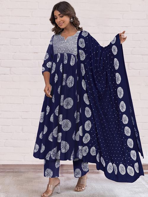 women printed three quarter sleeve anarkali kurta pant with dupatta set - 21997232 -  Standard Image - 0
