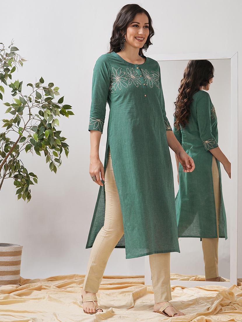 women striped three quarter sleeve straight kurta - 21997238 - Standard Image - 3