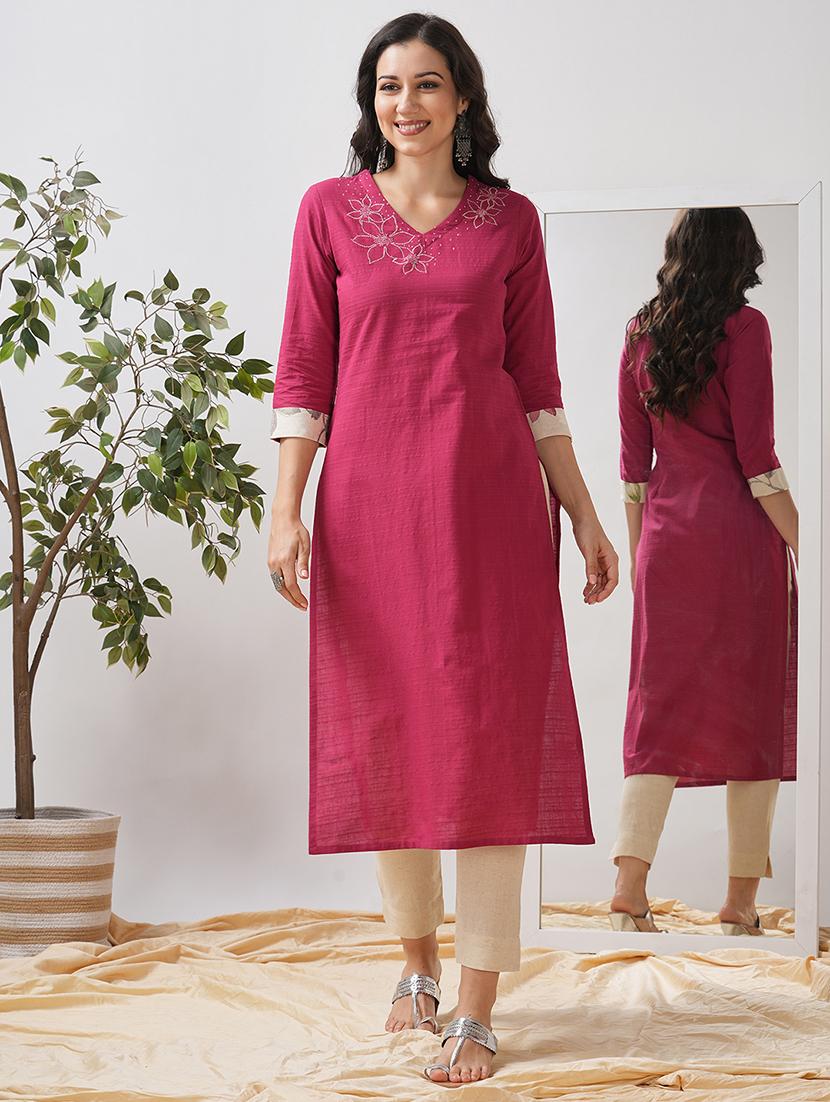women self design three quarter sleeve straight kurta - 21997239 - Zoom Image - 0