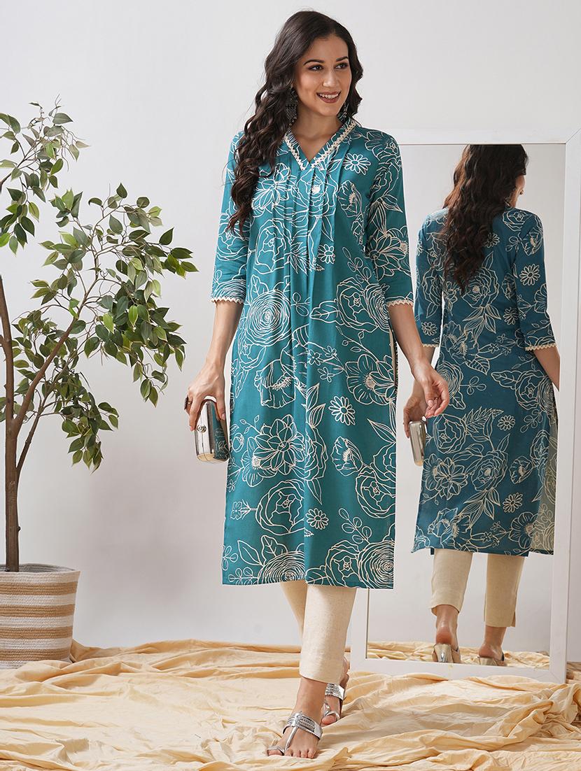 women floral printed three quarter sleeve a-line kurta - 21997245 - Zoom Image - 0