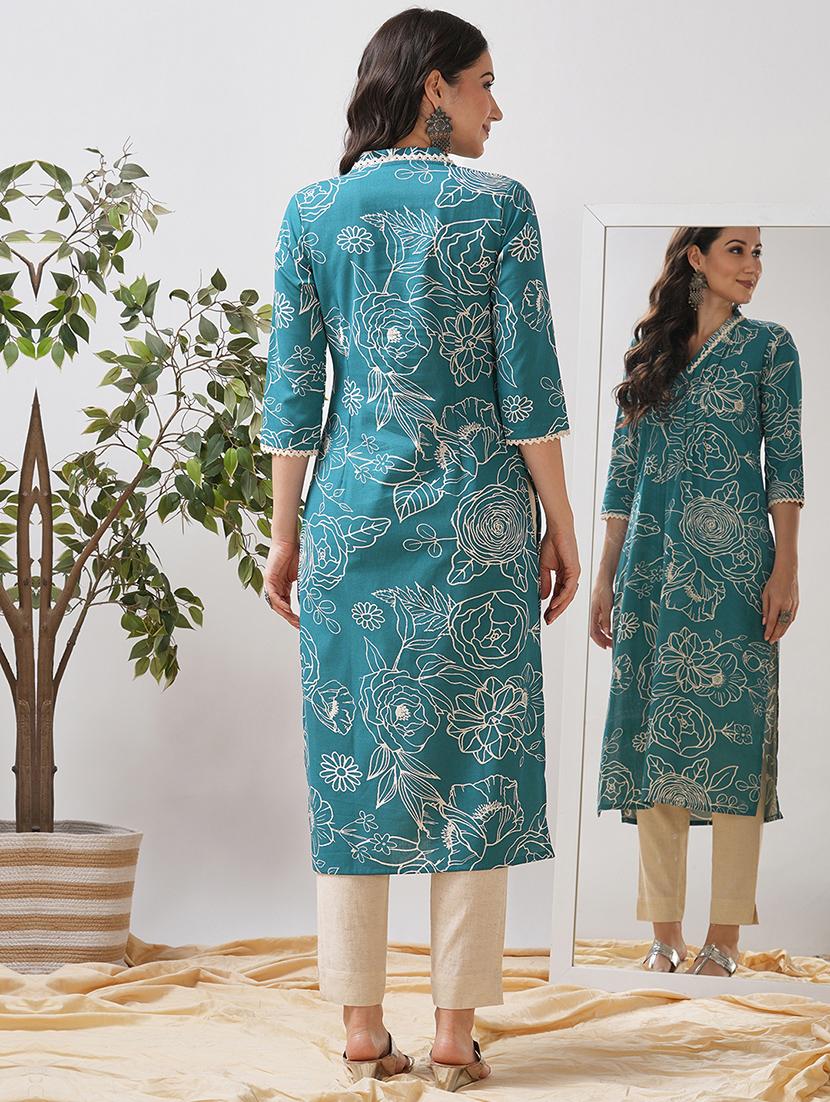 women floral printed three quarter sleeve a-line kurta - 21997245 - Standard Image - 3