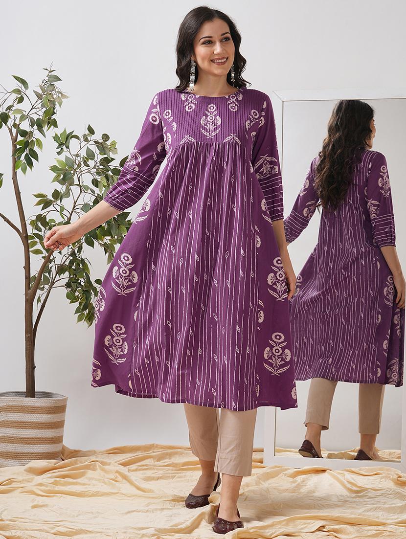 women floral printed three quarter sleeve flared kurta - 21997251 - Zoom Image - 0