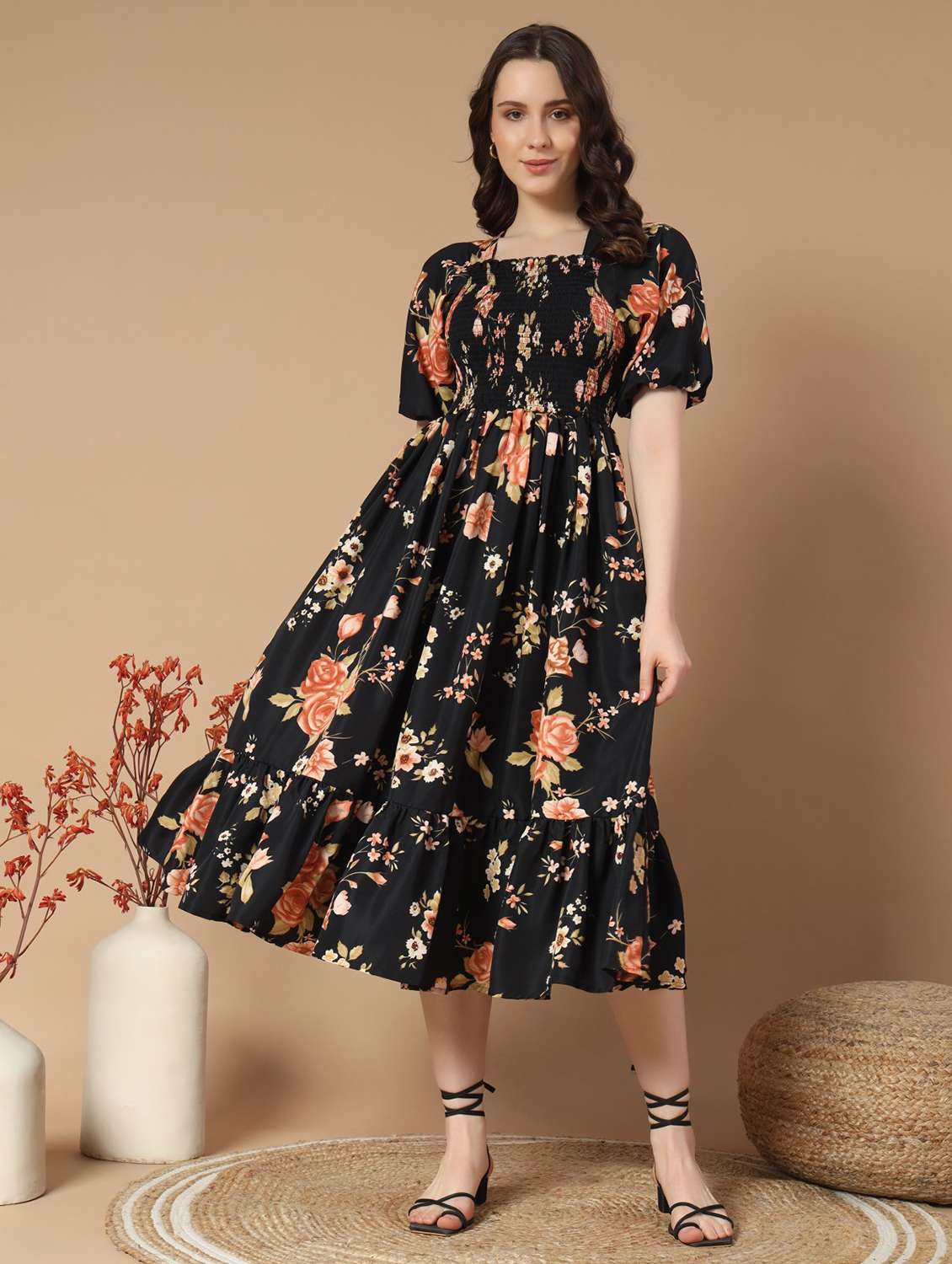 women floral printed puff sleeve tiered dress