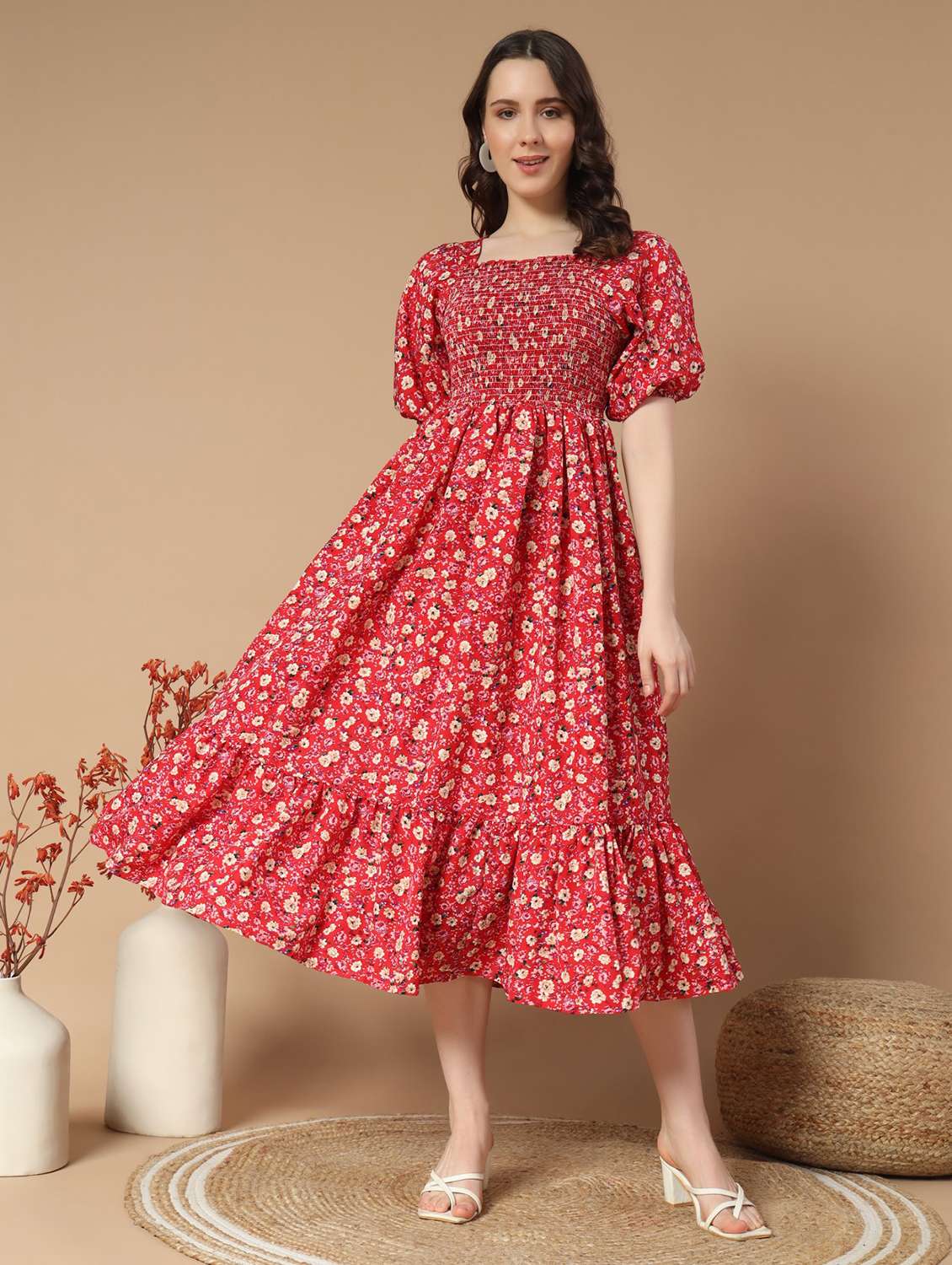 women floral printed puff sleeve tiered dress