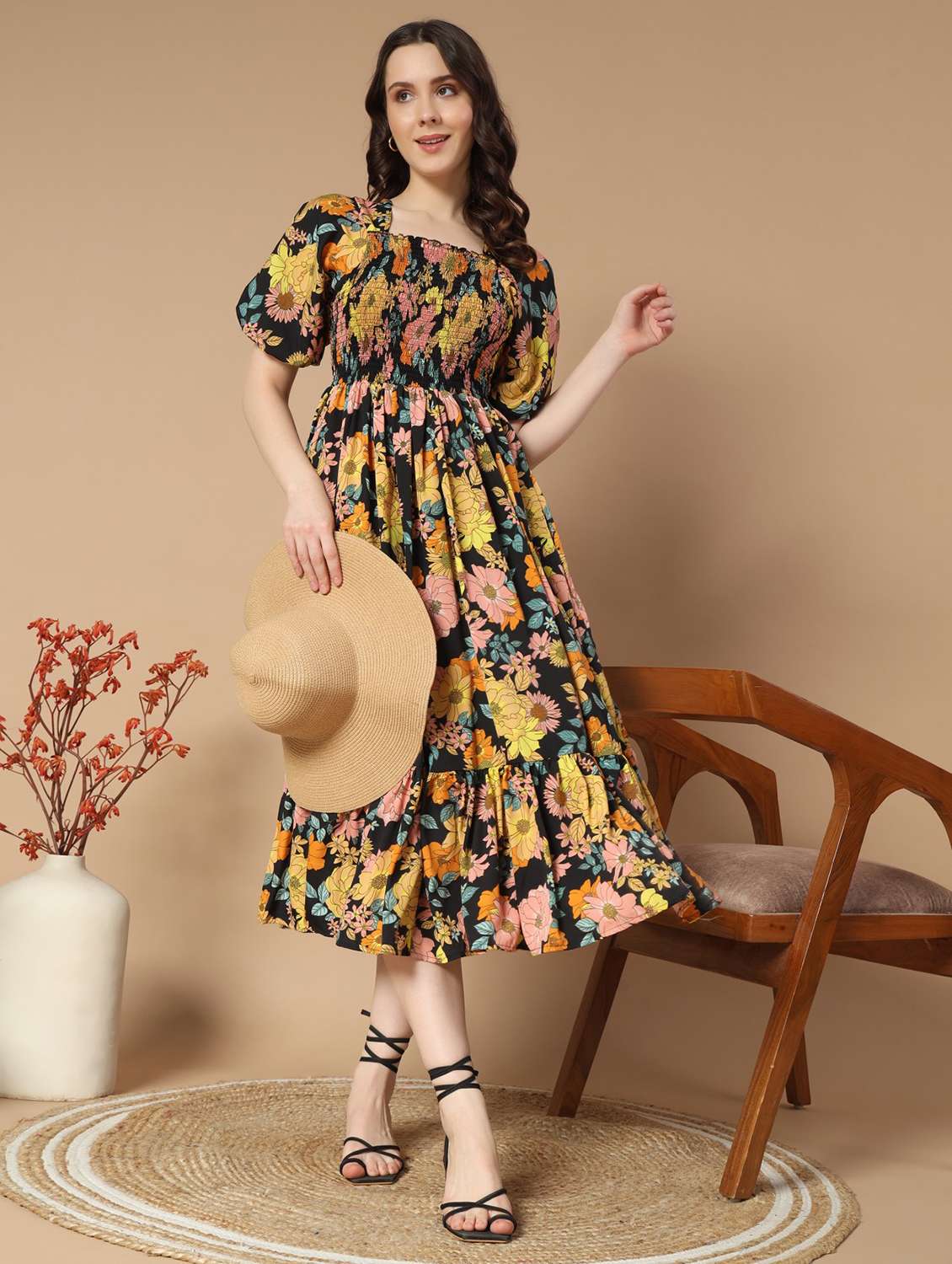 women floral printed puff sleeve tiered dress