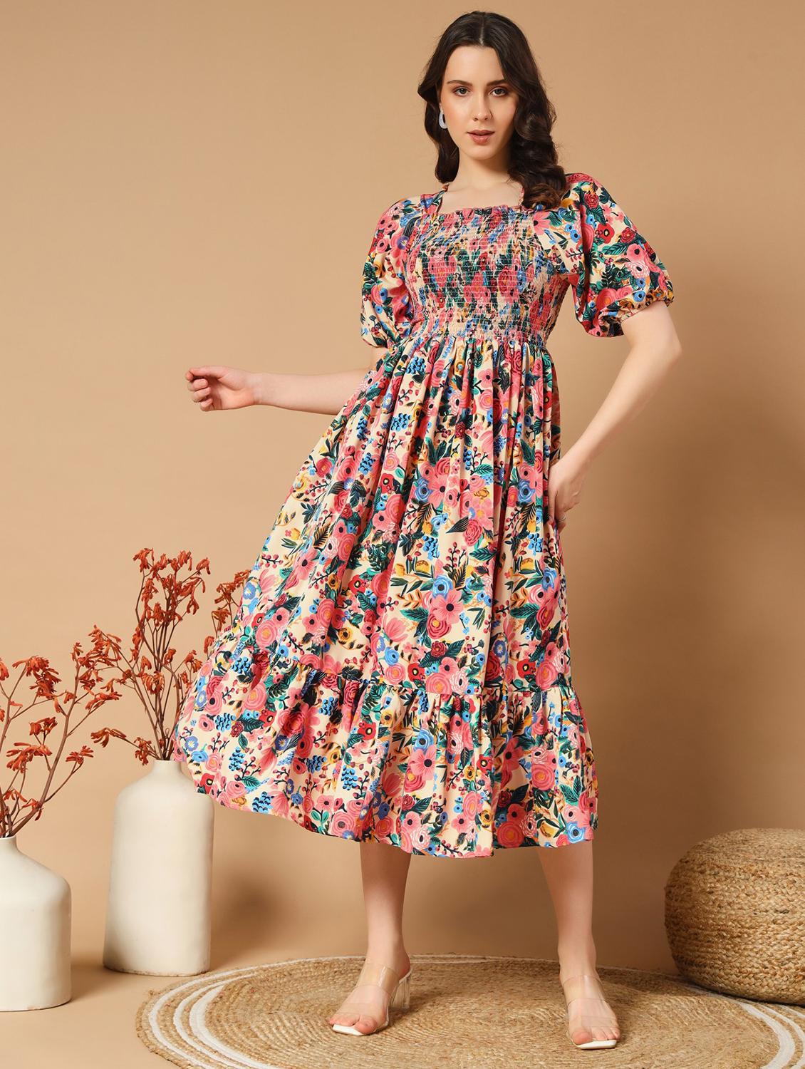 women floral printed puff sleeve tiered dress - 21997291 - Zoom Image - 0