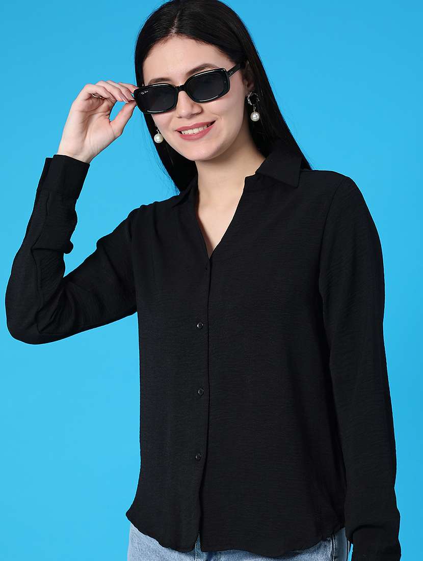 women solid long sleeve collared regular shirt