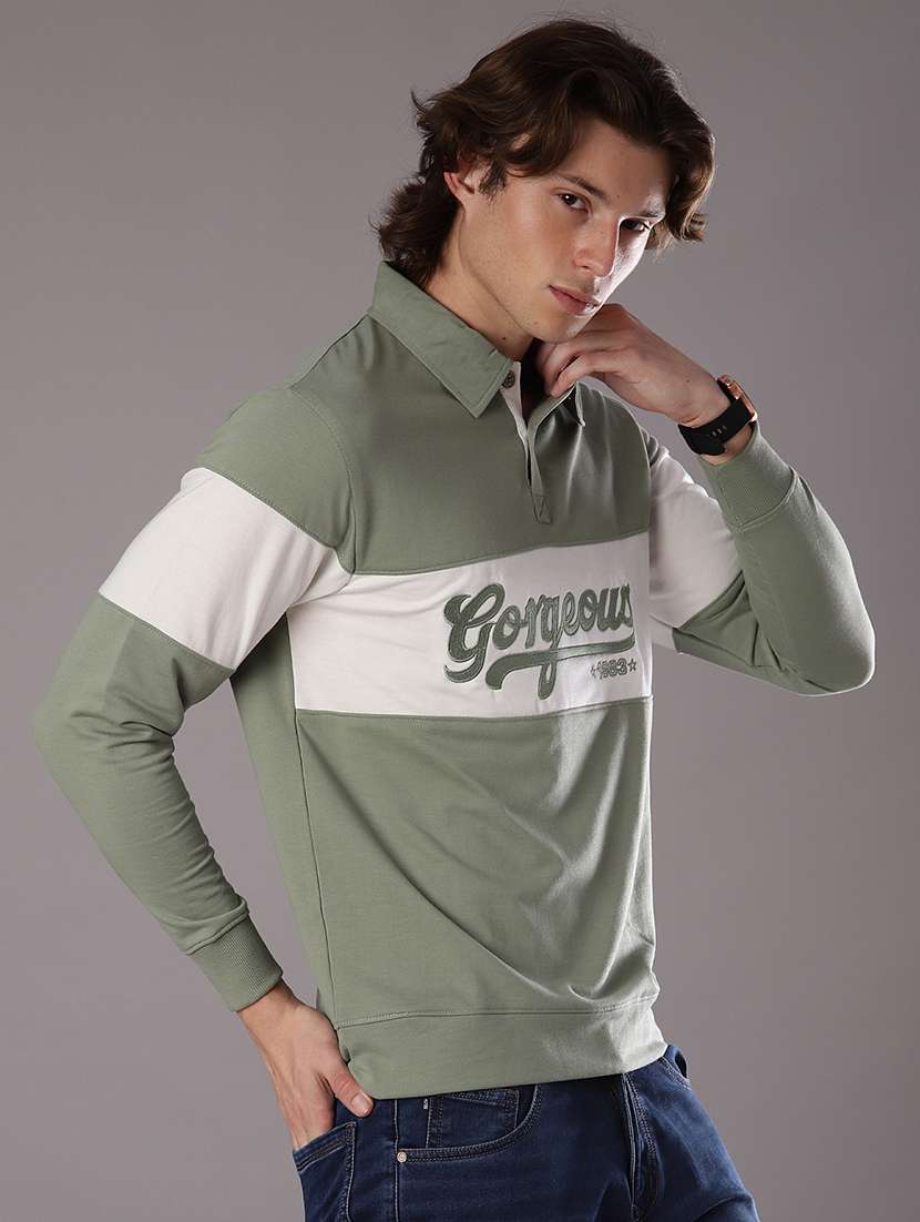 men chest print long sleeve slim fit polo t-shirt 