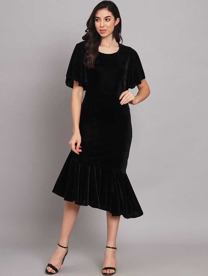 women solid flared sleeve velvet tiered dress - 21997833 - Zoom Image - 0