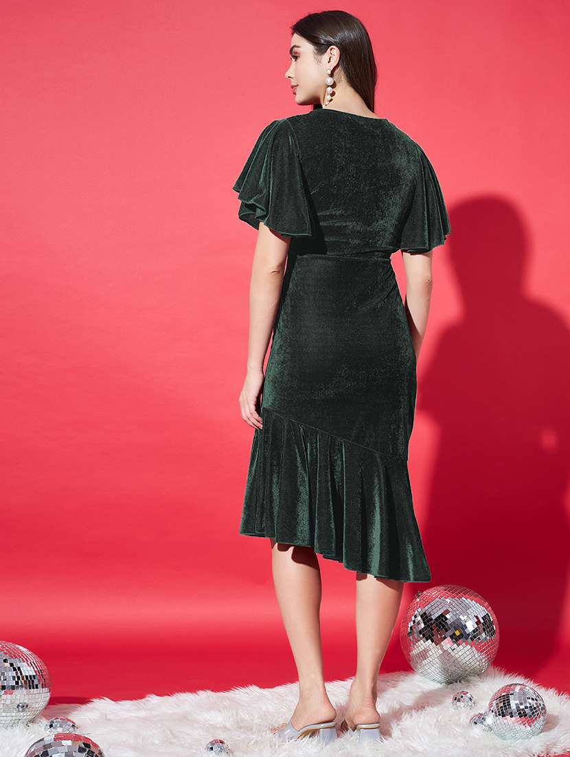 women solid flared sleeve velvet tiered dress - 21997835 - Standard Image - 3
