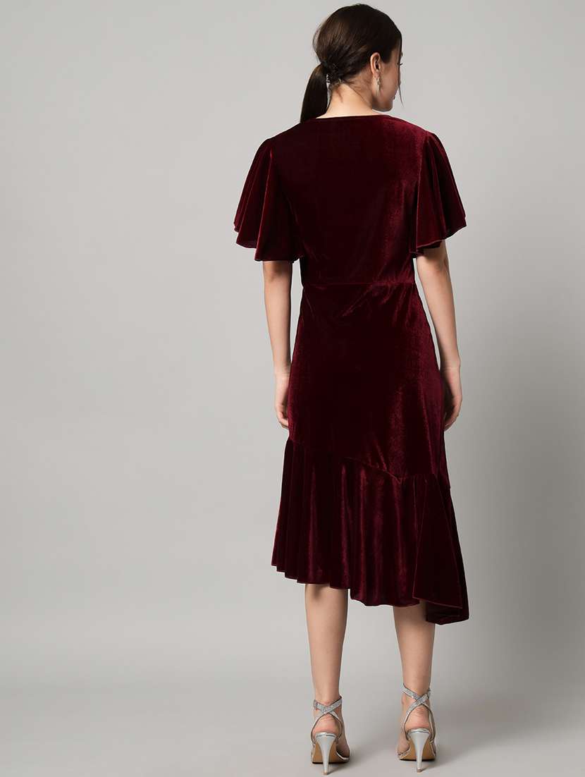 women solid flared sleeve velvet tiered dress - 21997838 -  Standard Image - 3