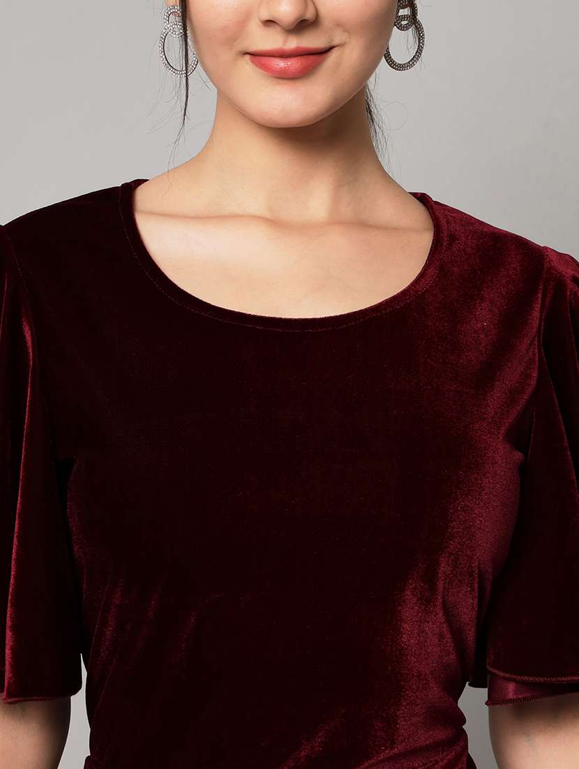 women solid flared sleeve velvet tiered dress - 21997838 -  Standard Image - 5
