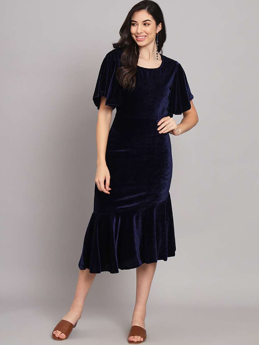 women solid flared sleeve velvet tiered dress - 21997839 - Zoom Image - 0