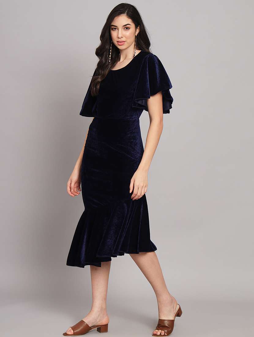 women solid flared sleeve velvet tiered dress - 21997839 - Standard Image - 3