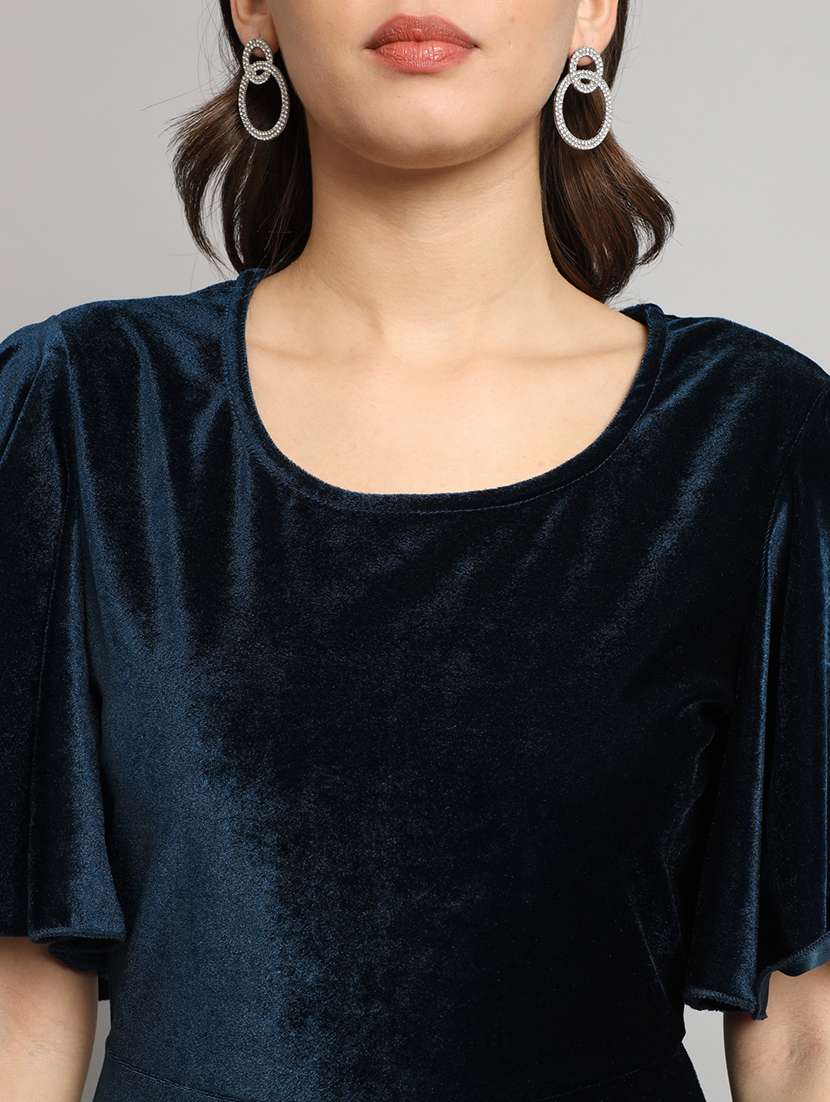 women solid flared sleeve velvet tiered dress - 21997840 - Standard Image - 5