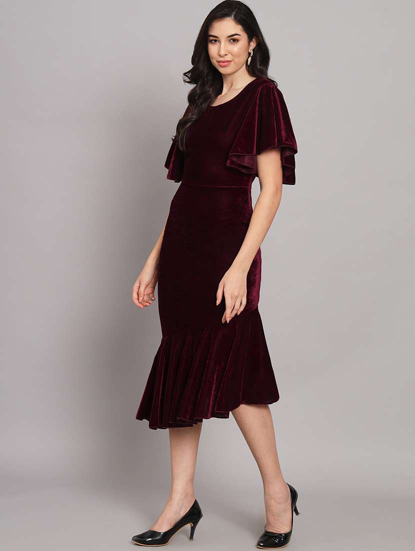 women solid flared sleeve velvet tiered dress - 21997842 - Standard Image - 3