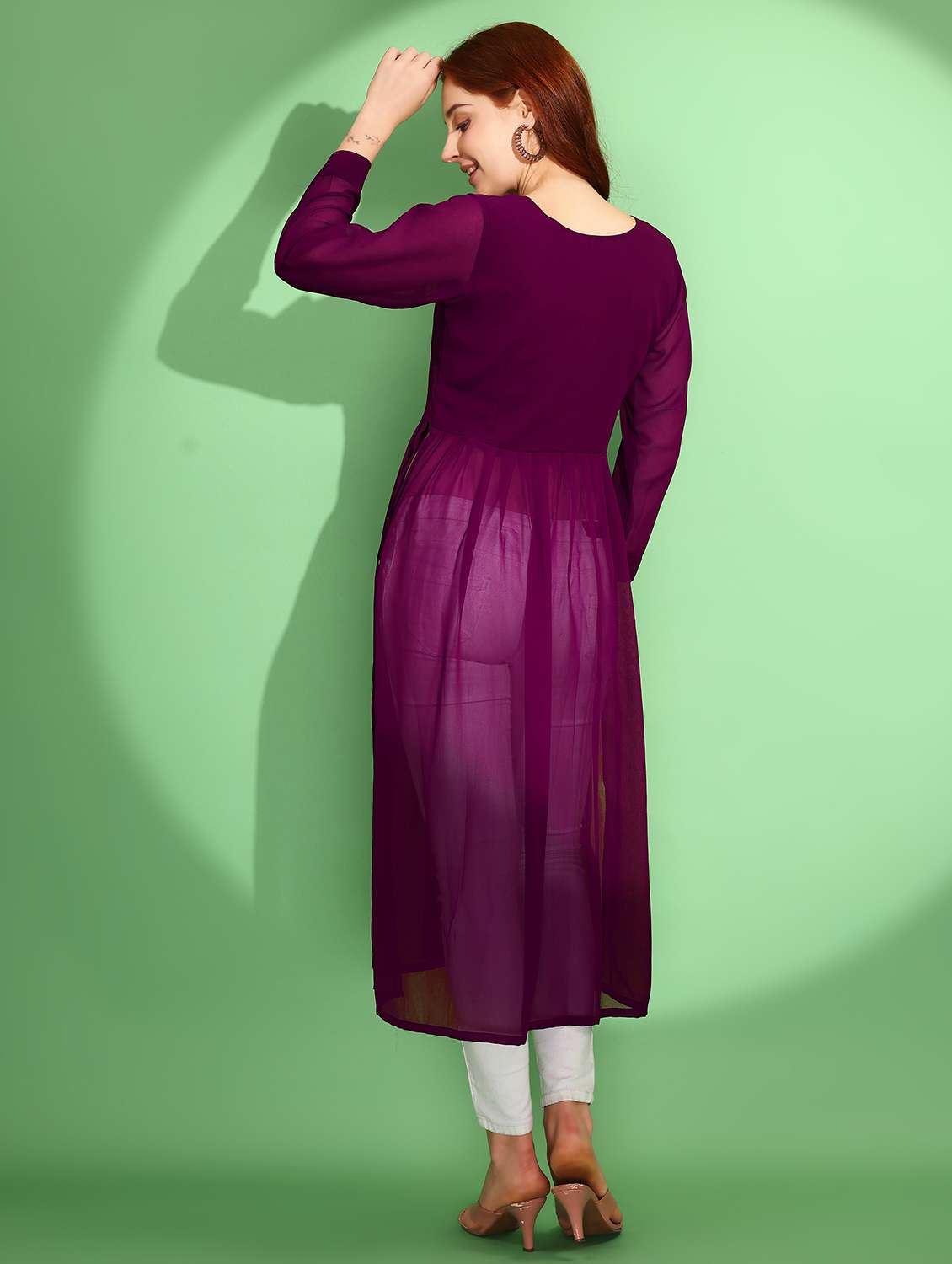 women solid long sleeve a-line kurta - 21997845 - Standard Image - 3