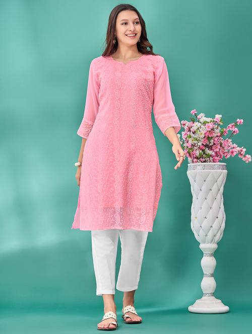 women solid with work three quarter sleeve straight kurta - 21997851 -  Standard Image - 0