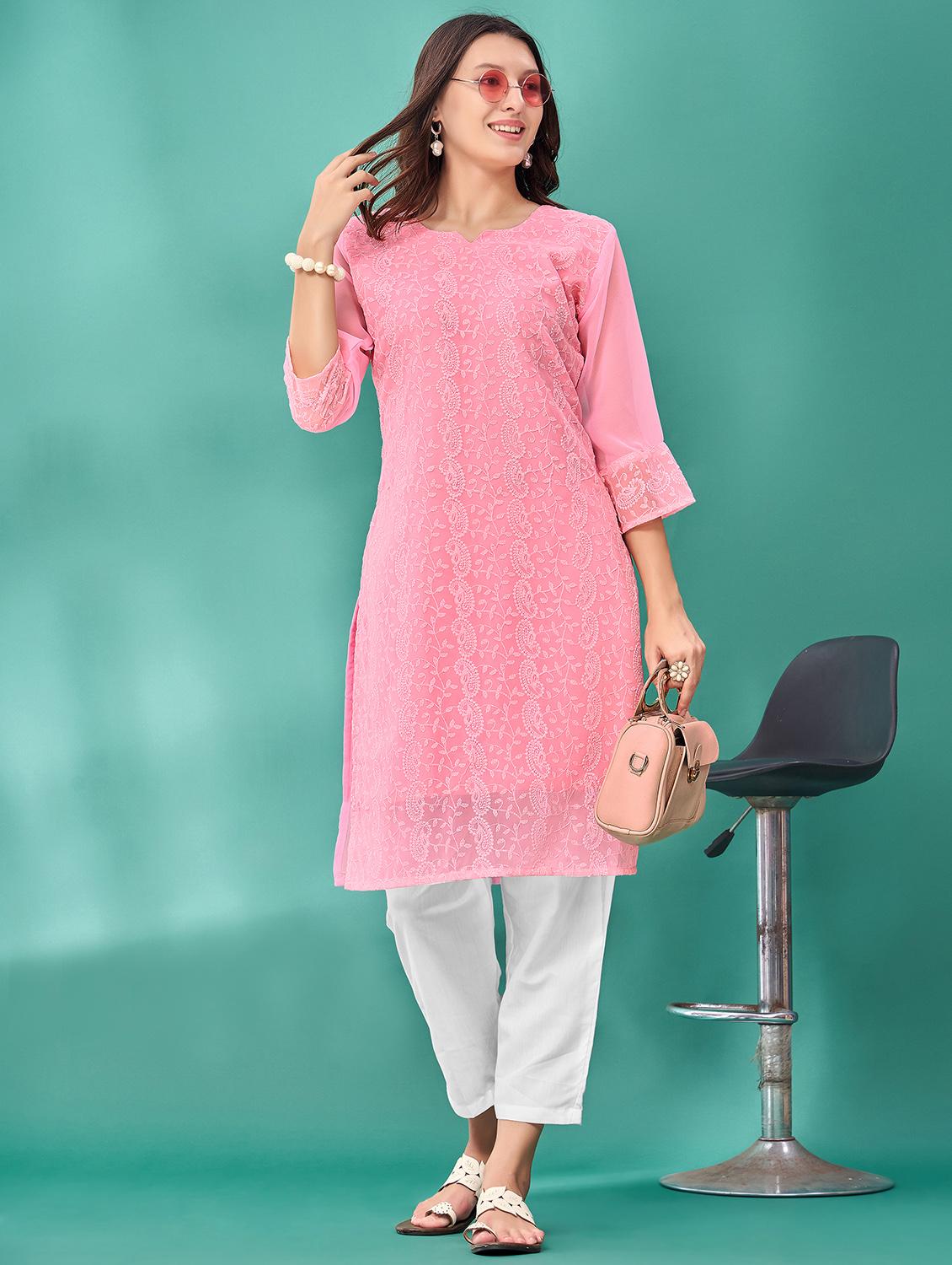 women solid with work three quarter sleeve straight kurta - 21997851 - Standard Image - 3