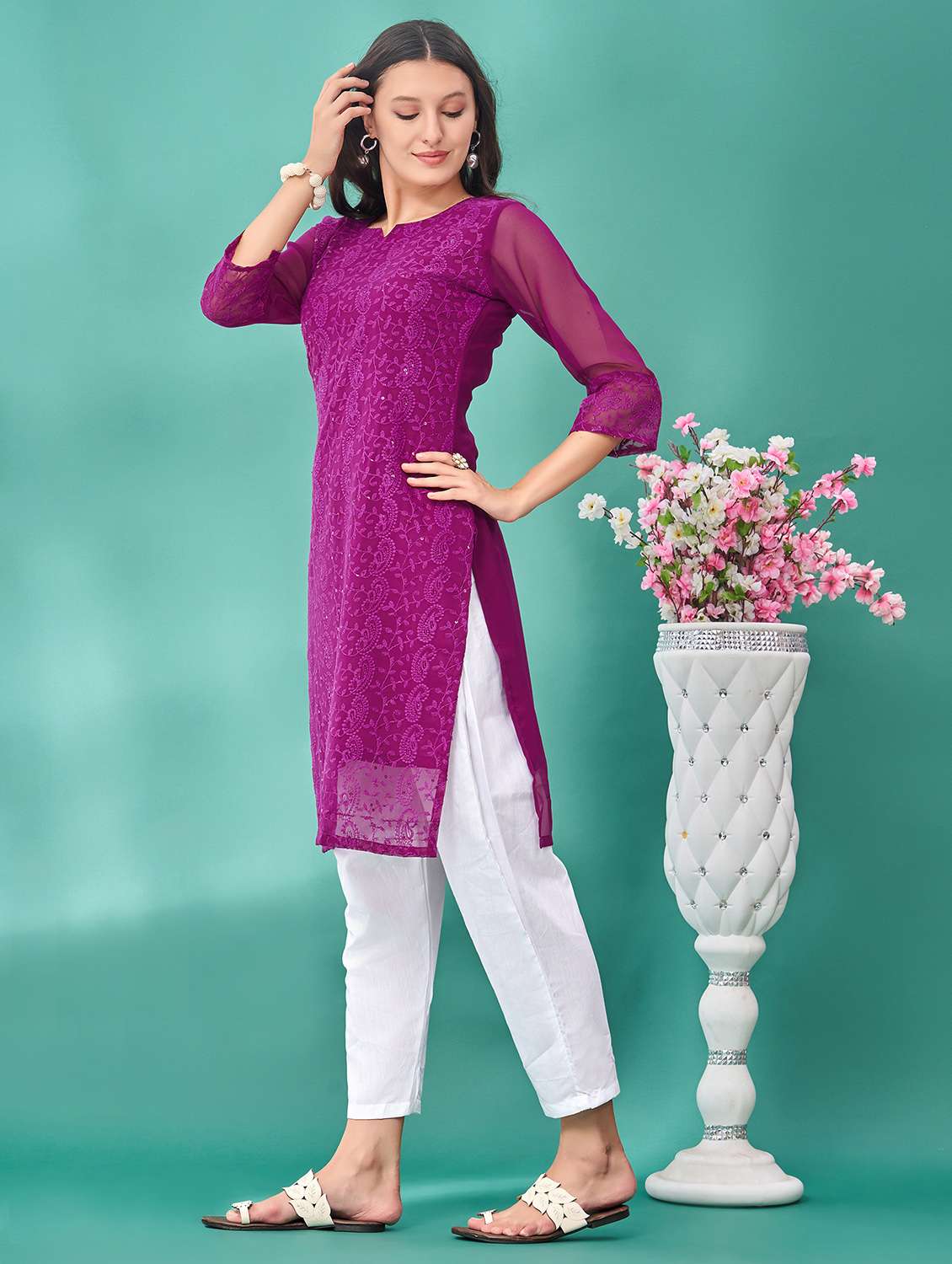 women solid with work three quarter sleeve straight kurta - 21997852 - Standard Image - 3