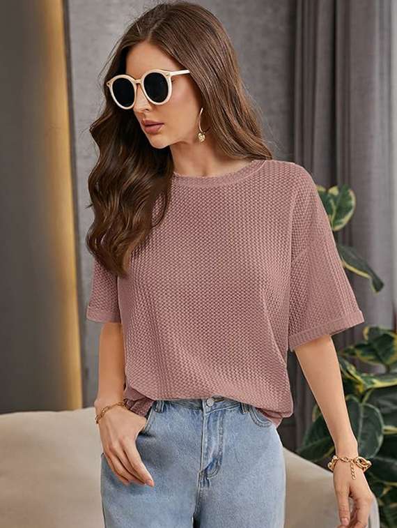women solid short sleeve knitted top