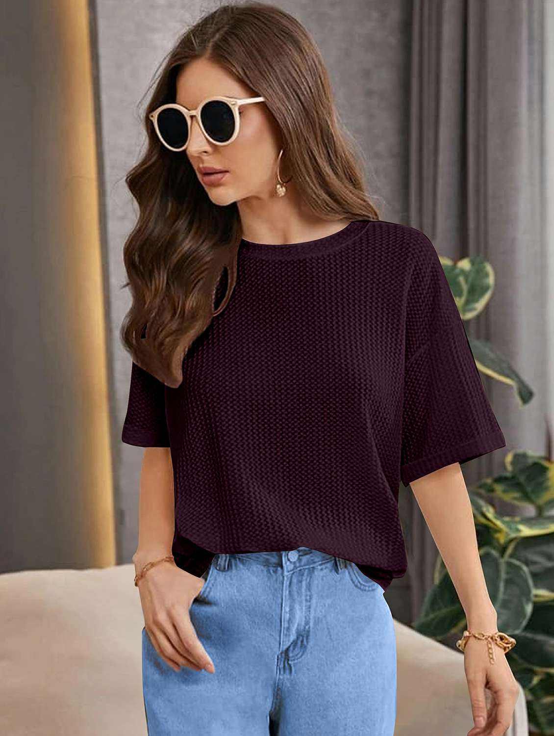 women solid short sleeve knitted top