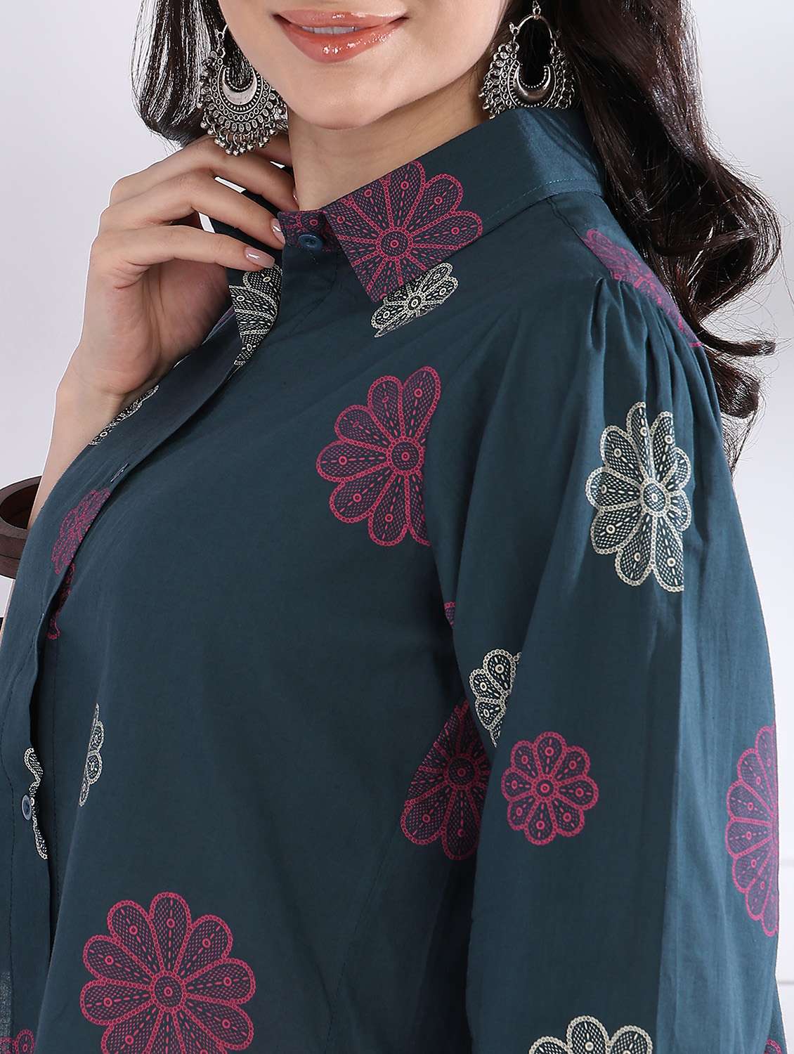 women printed puff sleeve collared high low top - 21997882 -  Standard Image - 5