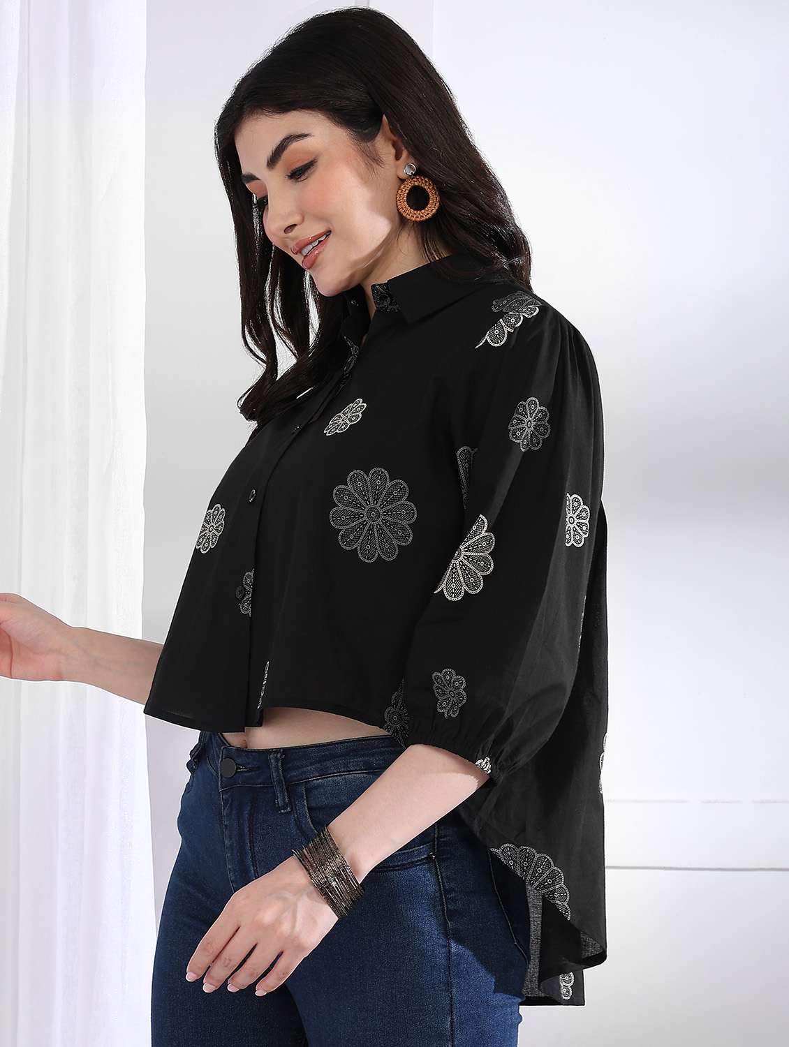 women printed puff sleeve collared high low top - 21997883 -  Standard Image - 3