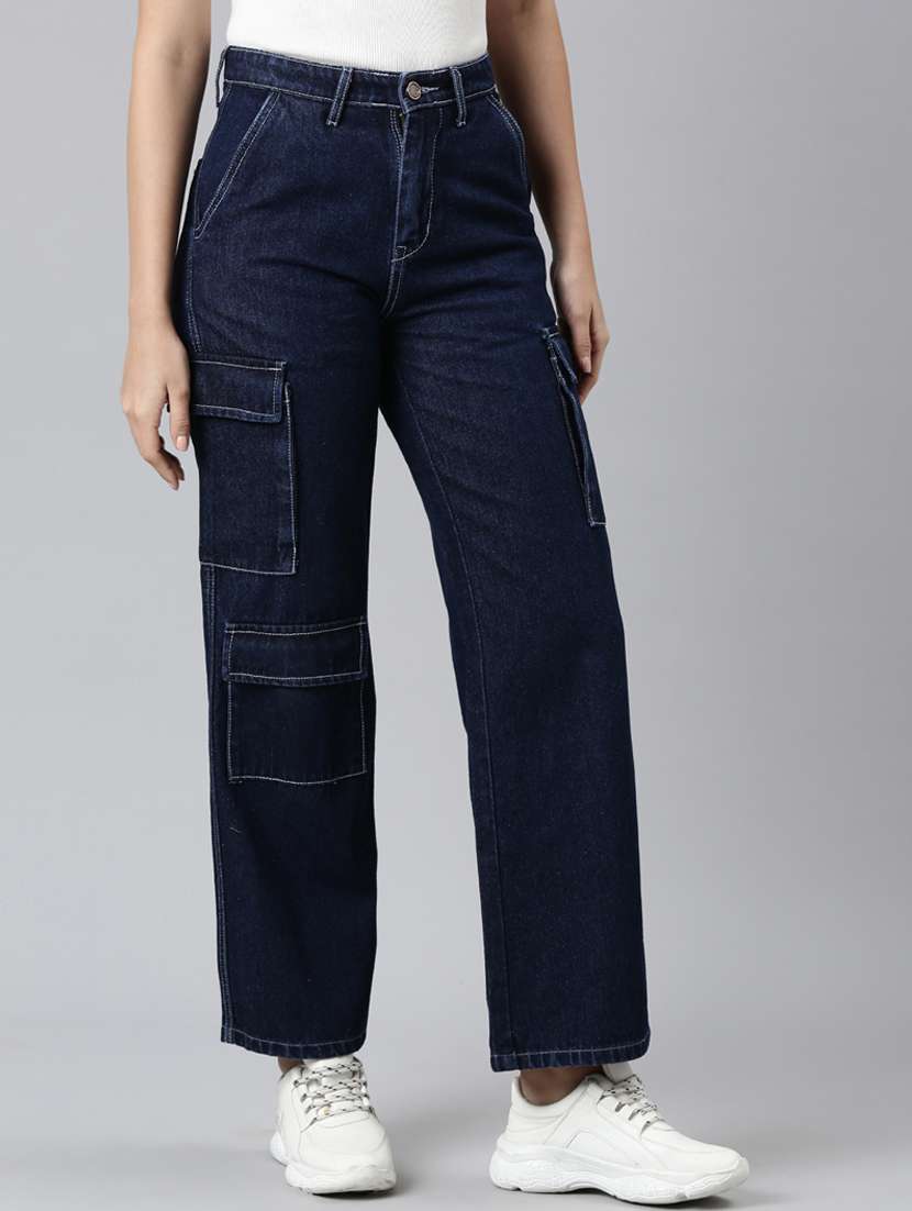women solid high rise denim cargo - 21997886 - Standard Image - 3