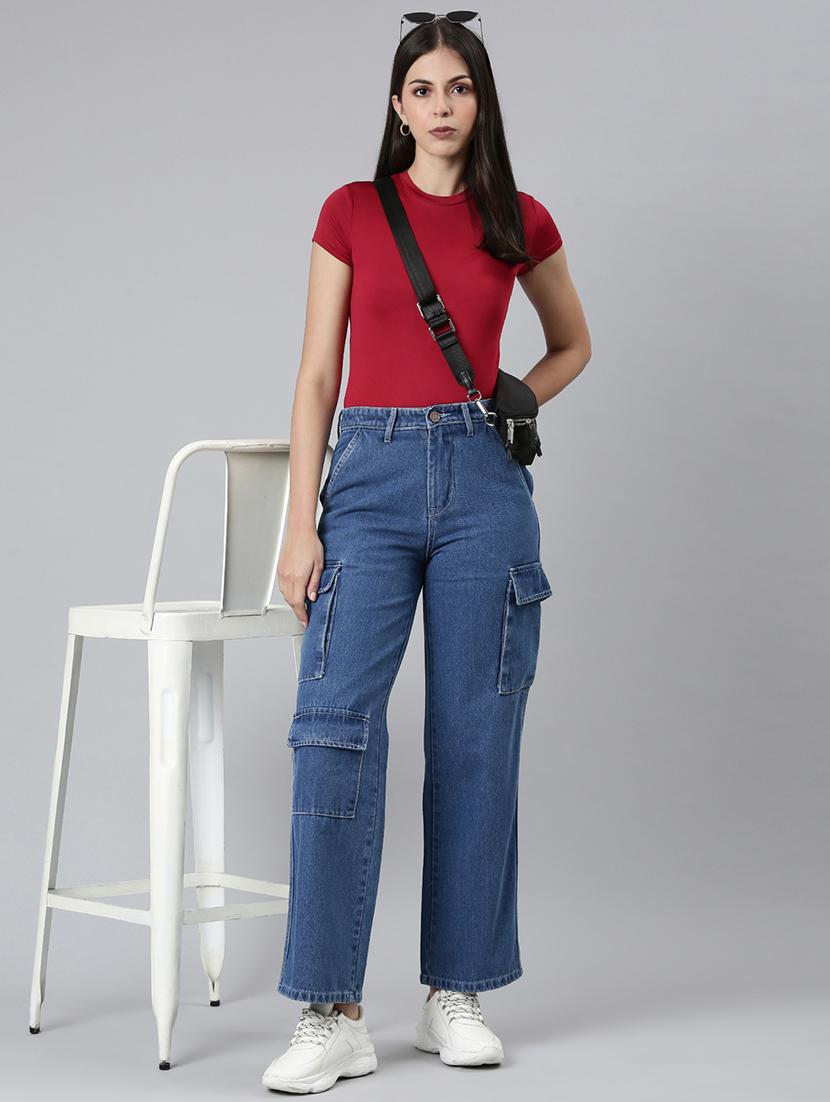 wome solid mid rise denim cargo - 21997887 - Standard Image - 3
