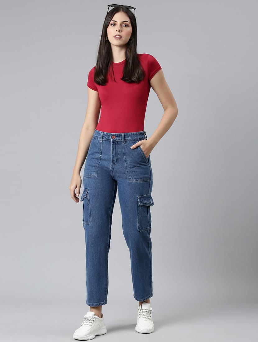 women solid mid rise denim cargo - 21997888 - Zoom Image - 0