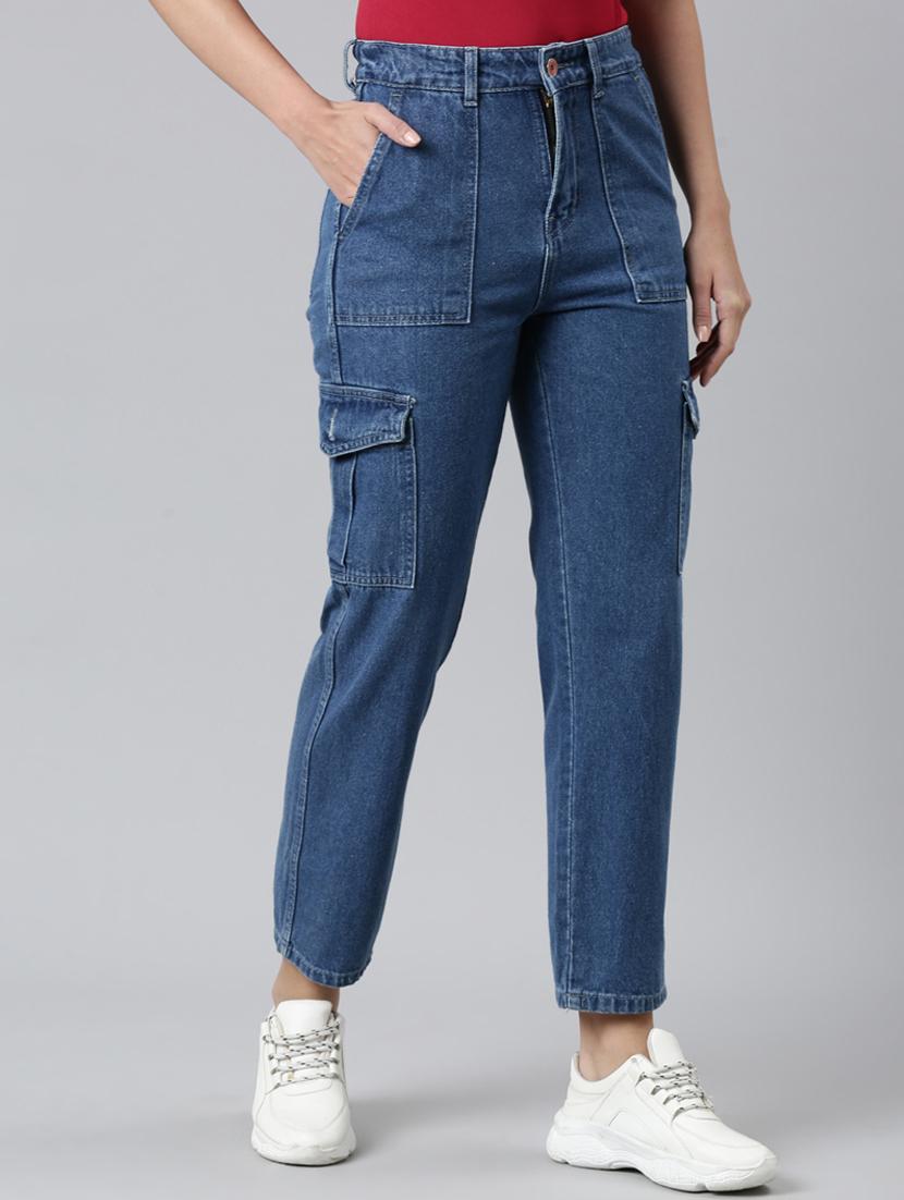 women solid mid rise denim cargo - 21997888 - Standard Image - 3
