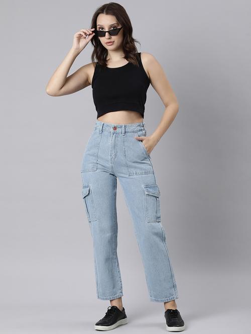women solid high rise denim cargo - 21997889 -  Standard Image - 0