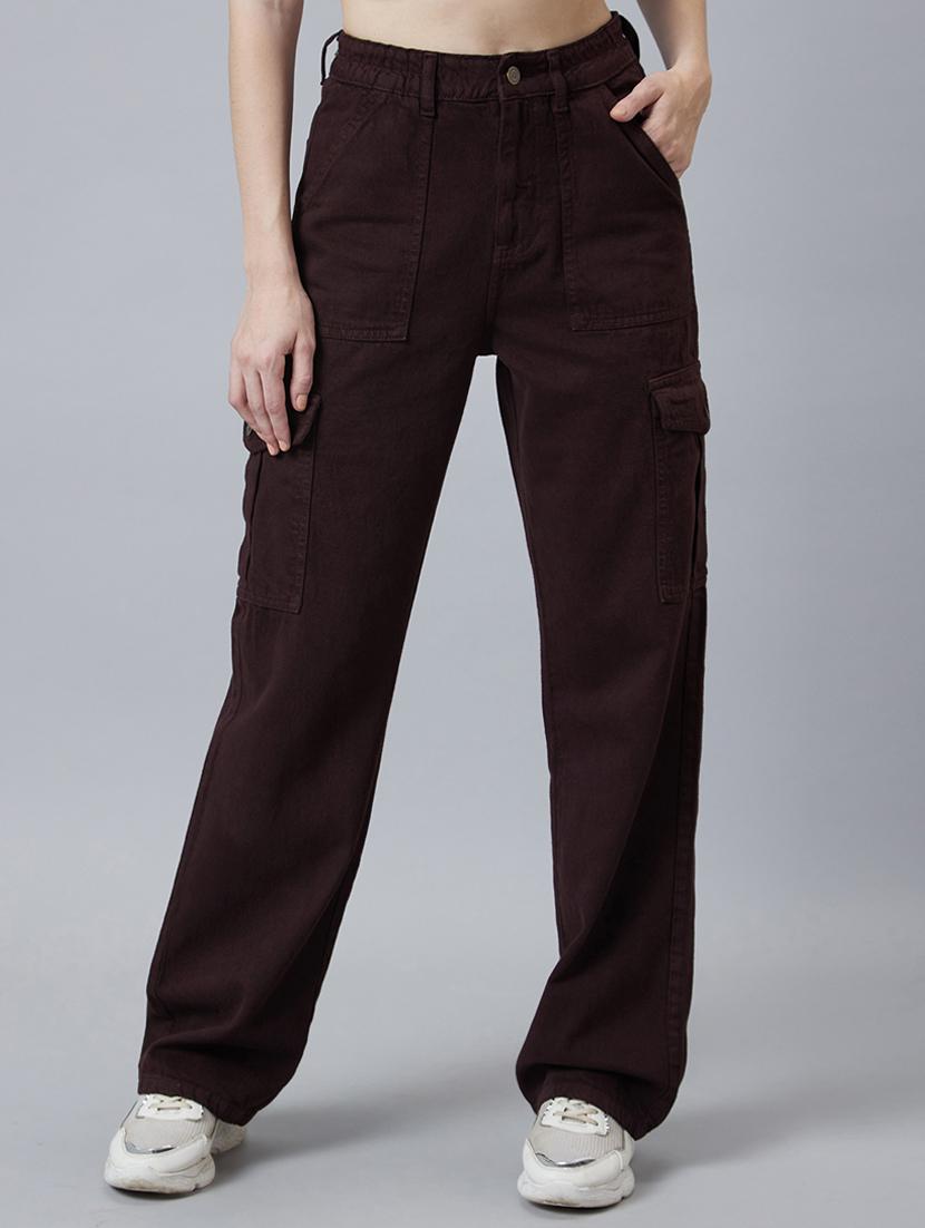 women solid high rise relaxed fit cargo