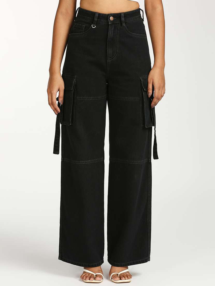 women solid high rise wide leg cargo