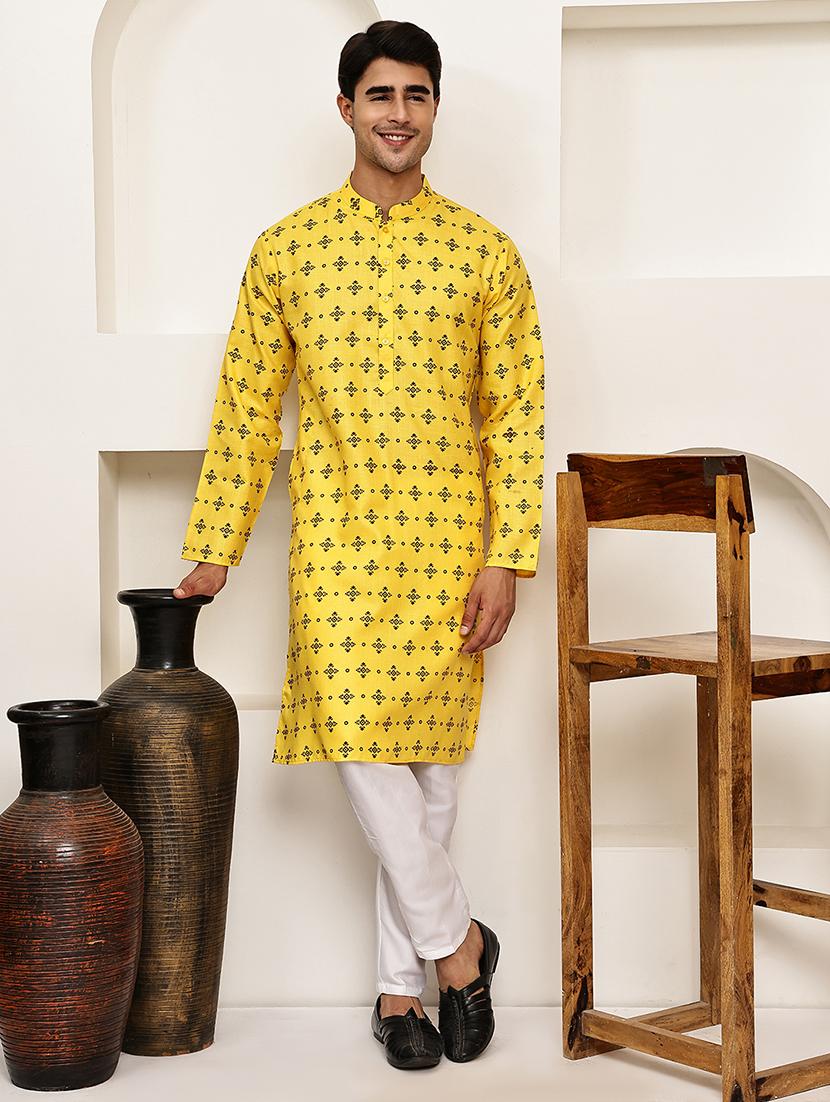 men printed mandarin neck long kurta