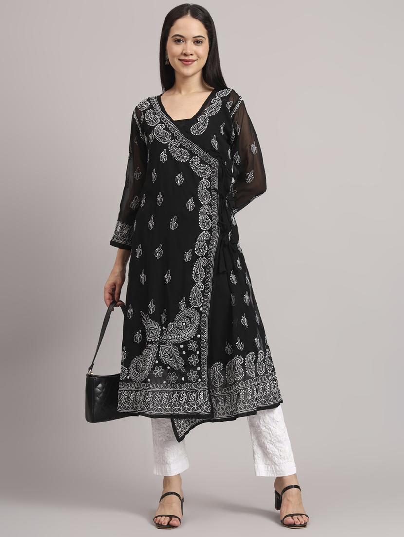 women solid with work long sleeve angrakha chikankari kurta - 21997964 -  Zoom Image - 0