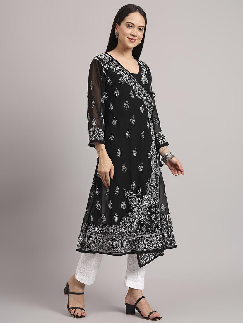 women solid with work long sleeve angrakha chikankari kurta - 21997964 - Standard Image - 3