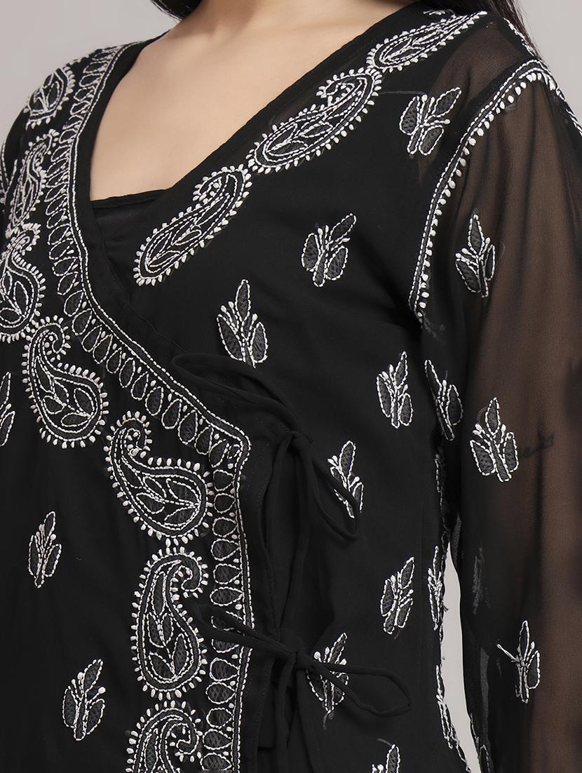 women solid with work long sleeve angrakha chikankari kurta - 21997964 - Standard Image - 5