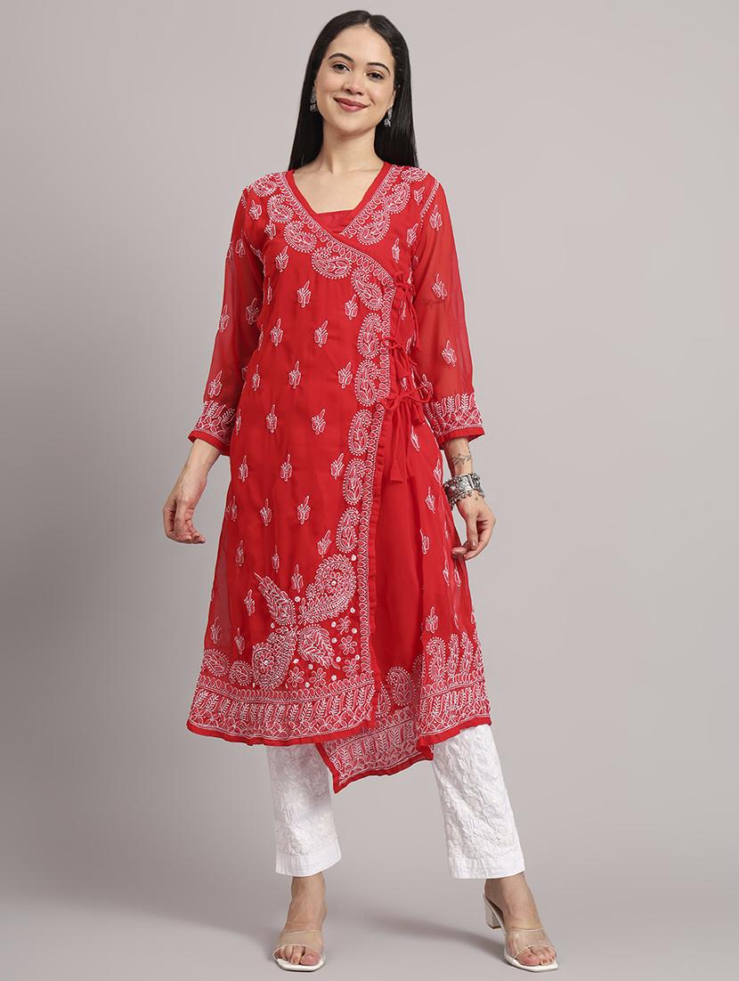 women solid with work long sleeve angrakha chikankari kurta - 21997965 - Zoom Image - 0