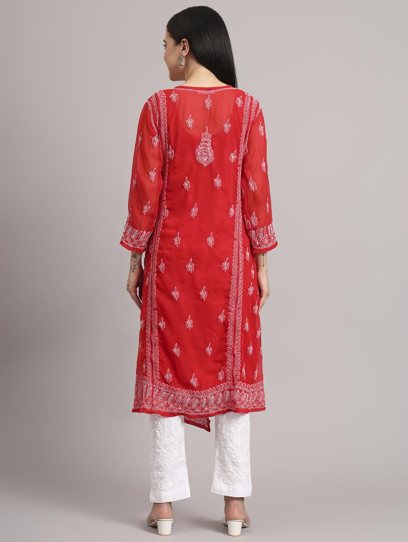 women solid with work long sleeve angrakha chikankari kurta - 21997965 - Standard Image - 3