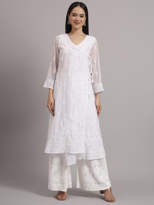 women solid with work long sleeve angrakha chikankari kurta - 21997966 -  Standard Image - 0