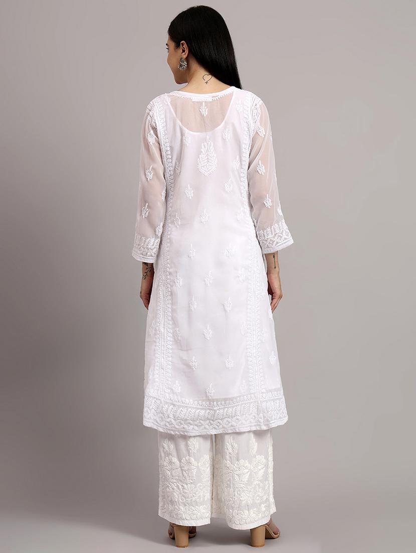 women solid with work long sleeve angrakha chikankari kurta - 21997966 - Standard Image - 3